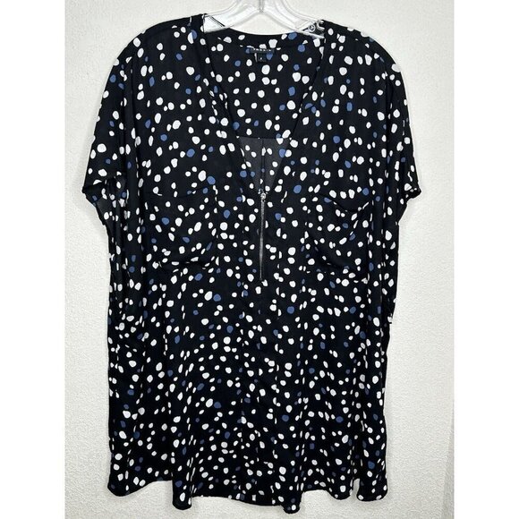 Torrid 4 Top 4X Black Blue White Polka Dot Zip Neck Popover Lightweight Office - Picture 1 of 8